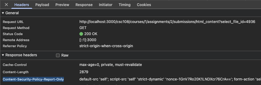 Chrome DevTools showing Content-Security-Policy-Report-Only on the MarkUs html_content preview response