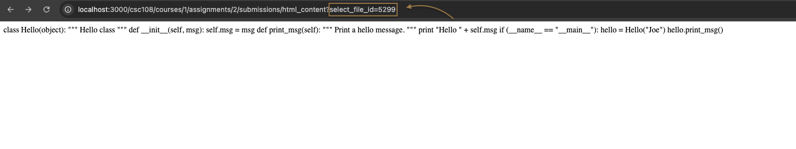 MarkUs html_content preview URL with select_file_id highlighted while showing a submitted file