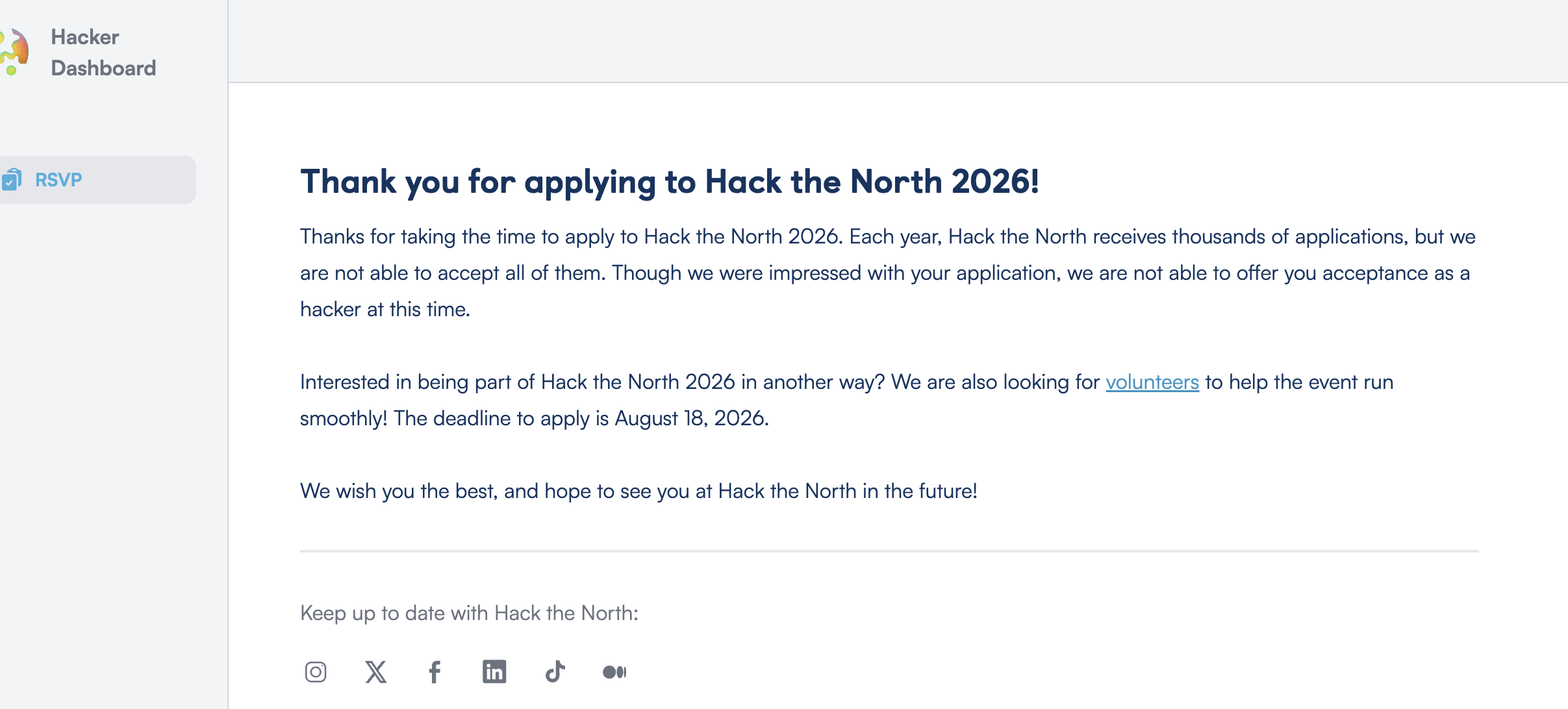 hack the north dashboard telling an applicant they were not accepted