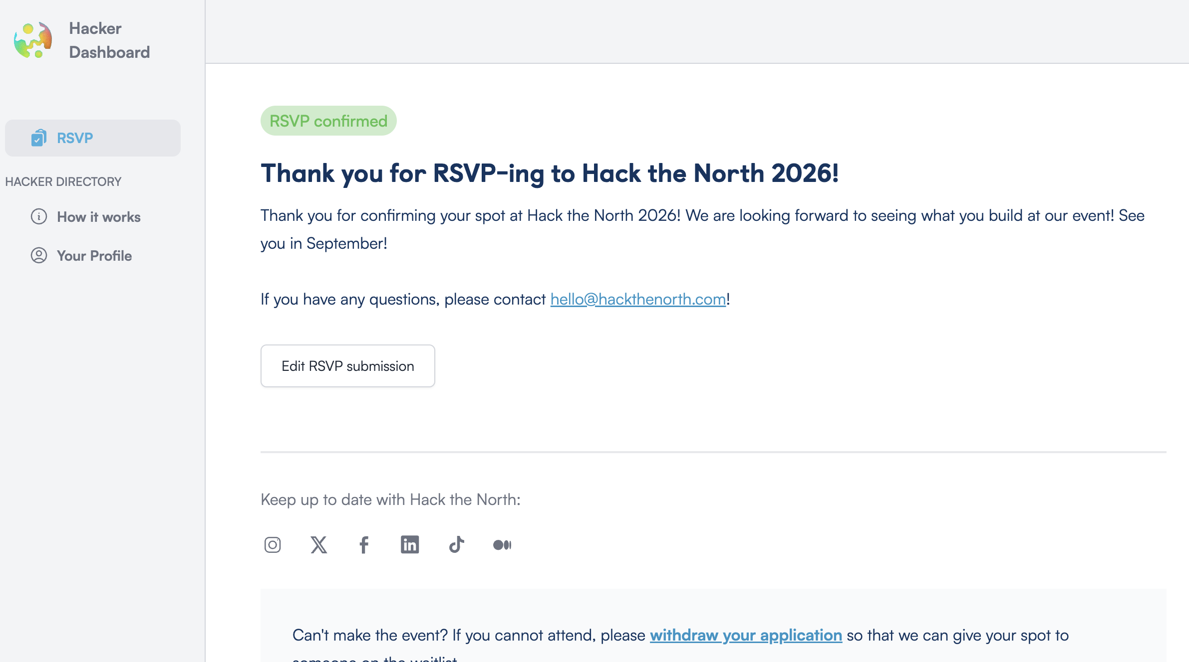 hack the north dashboard showing RSVP confirmed and an edit RSVP submission button