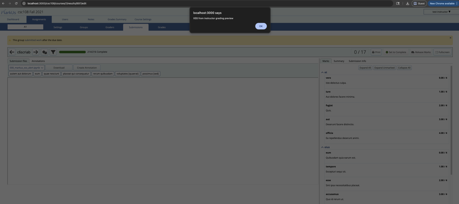 MarkUs grading page showing an XSS popup from a submitted notebook preview