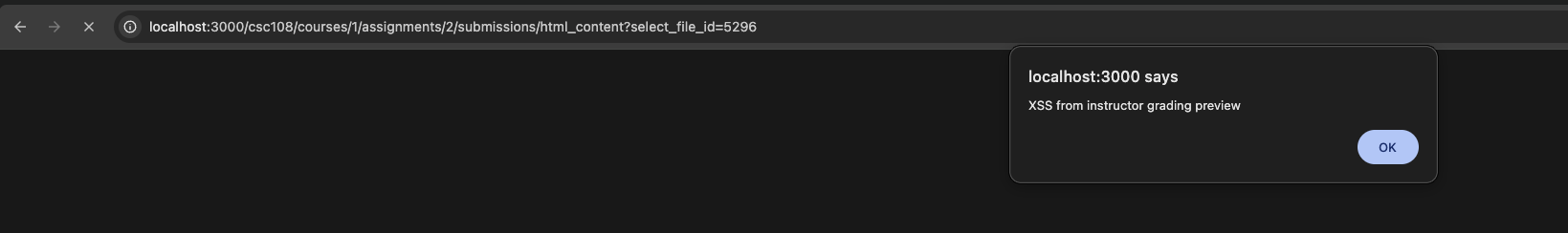 MarkUs html_content preview route executing JavaScript from a submitted notebook and showing an XSS alert